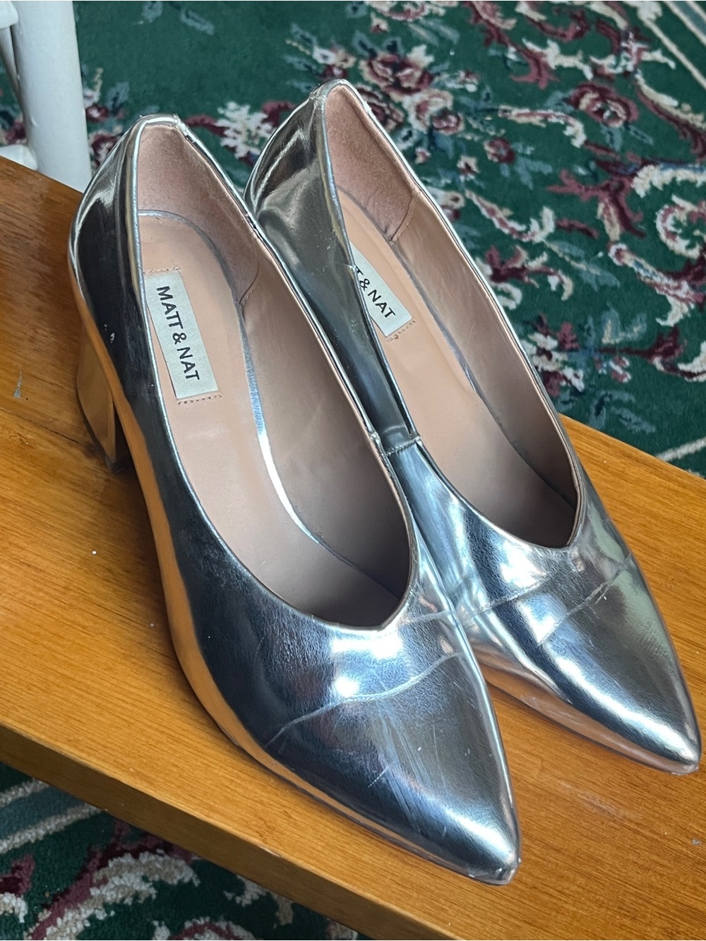 Matt & Nat Metallic Silver Pointed Block Heel Pumps